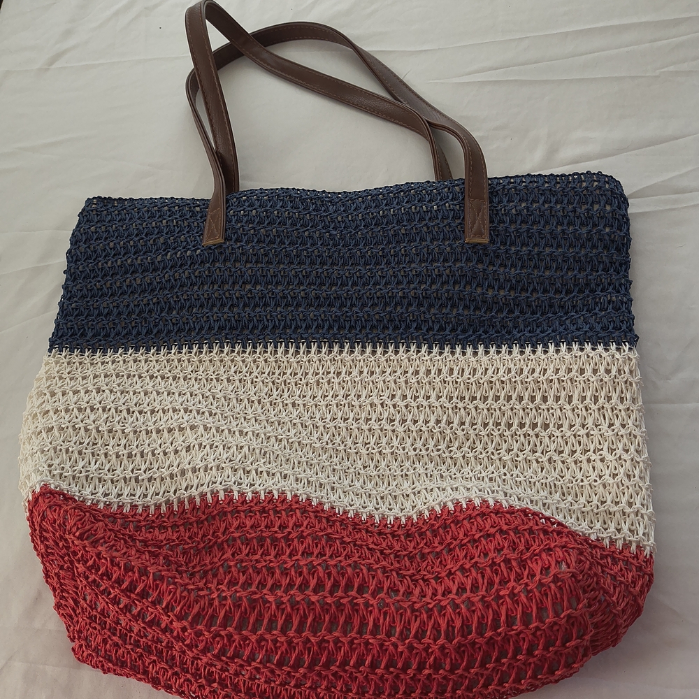 Riah Fashion Red White Blue Tricolor Woven Crochet Tote Bag Zipper Beach Bag